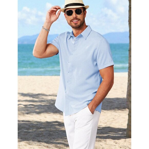 Men's Light Blue Linen Short Sleeve Button Down Casual Shirt Business Dress - Picture 4 of 6